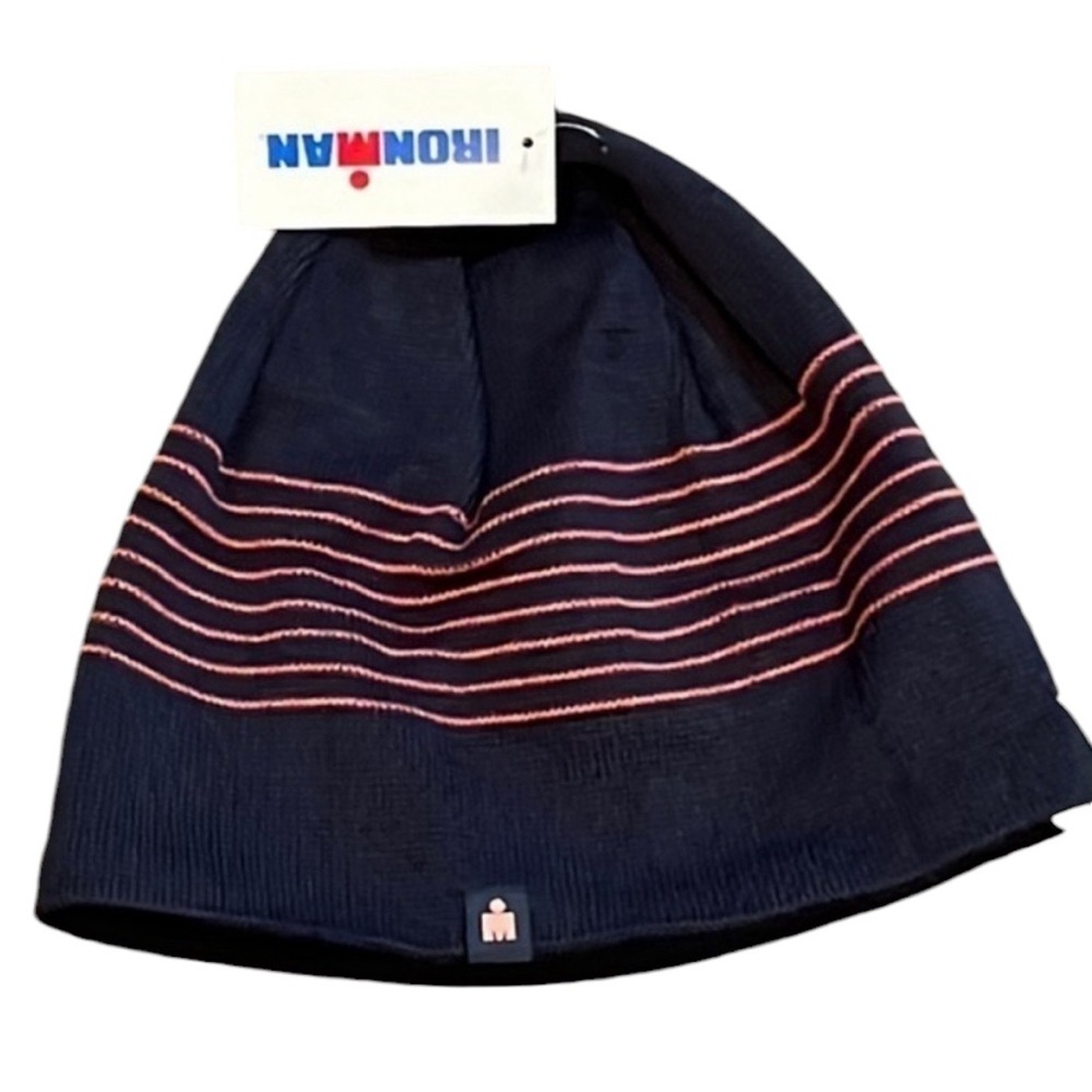 Ironman - ‘Striped Beanie’ with fleece sweat band. Navy/Pink. NWT